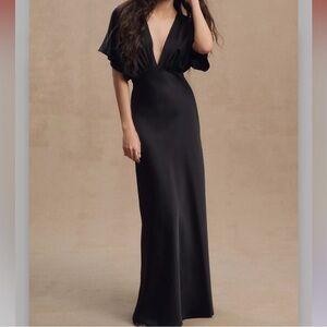 BHLDN Deep V Leila Black Satin Gown